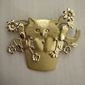 Vintage 80s‎ AJC Cat In Flower Pot Brooch Gold Tone Floral Whimsical Signed